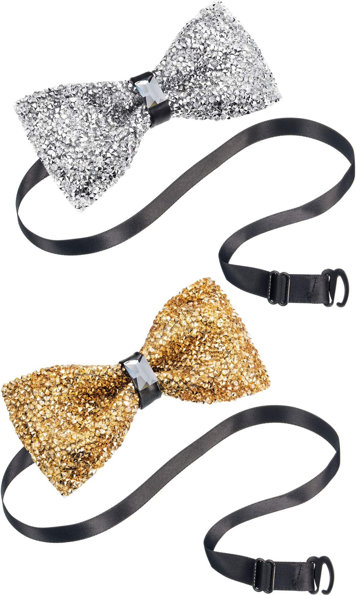 2 Pieces Rhinestone Bow Ties Banquet Bowties Men's Pre-tied Bow Ties for Wedding and Parties (Gold and Silver)
