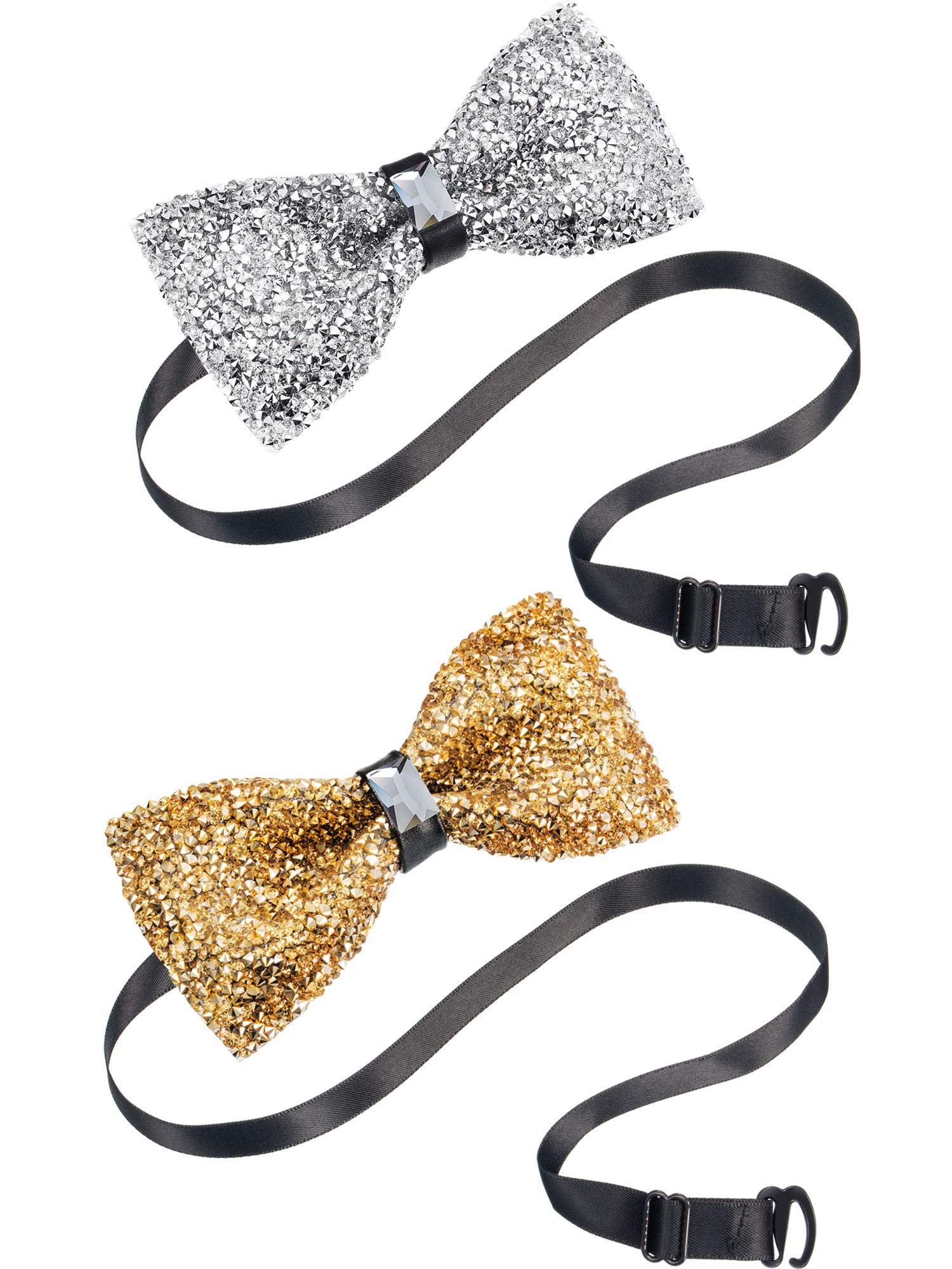 2 Pieces Rhinestone Bow Ties Party Banquet Bowties Men's Pre-tied Bow Ties for Wedding and Parties (Gold and Silver), Gold and Silver, One size