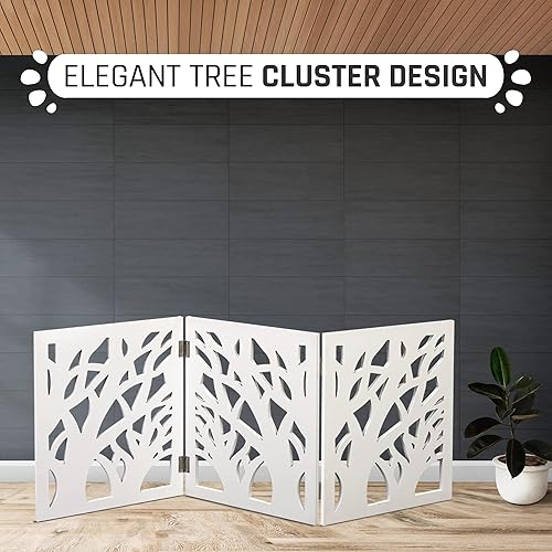 Miniatura 7 de Bundaloo Valla de madera decorativa expandible para perros pequeños a medianos, barrera para escaleras, puertas y pasillos (racimos de árbol blanco)