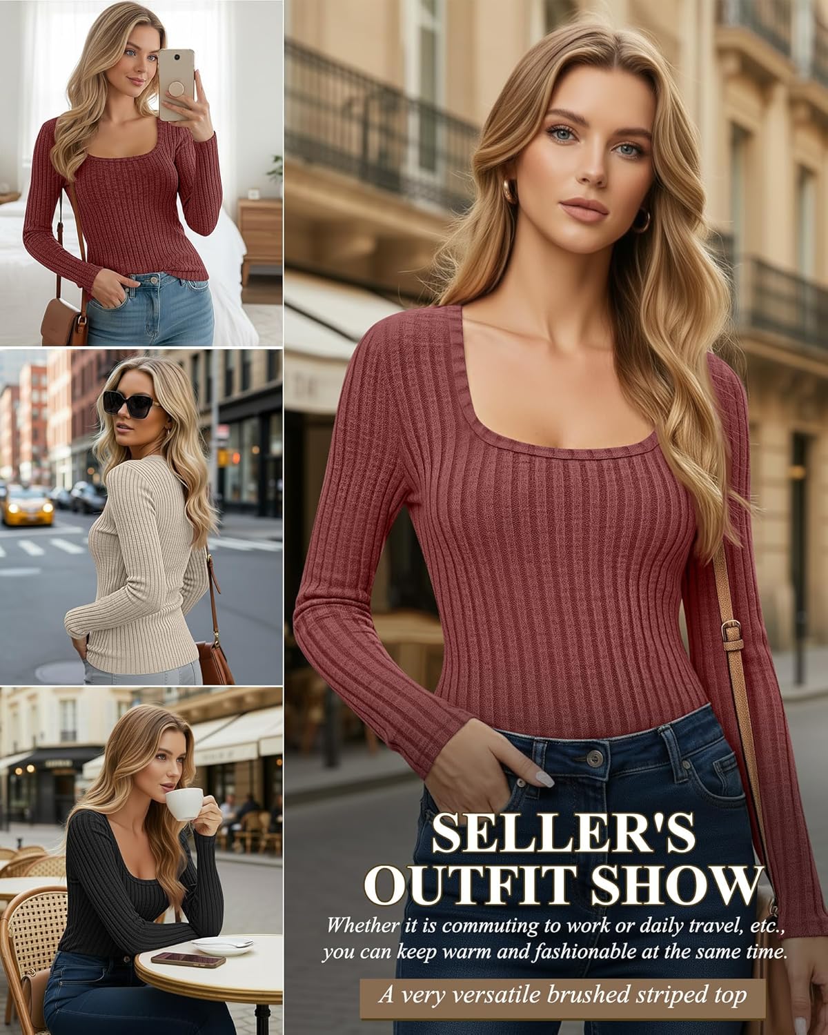 3 Pack Women's Long Sleeve Sweaters Ribbed Square Neck Slim Fit Tops Casual Stretch Lightweight Pullover Sweaters - Image 2