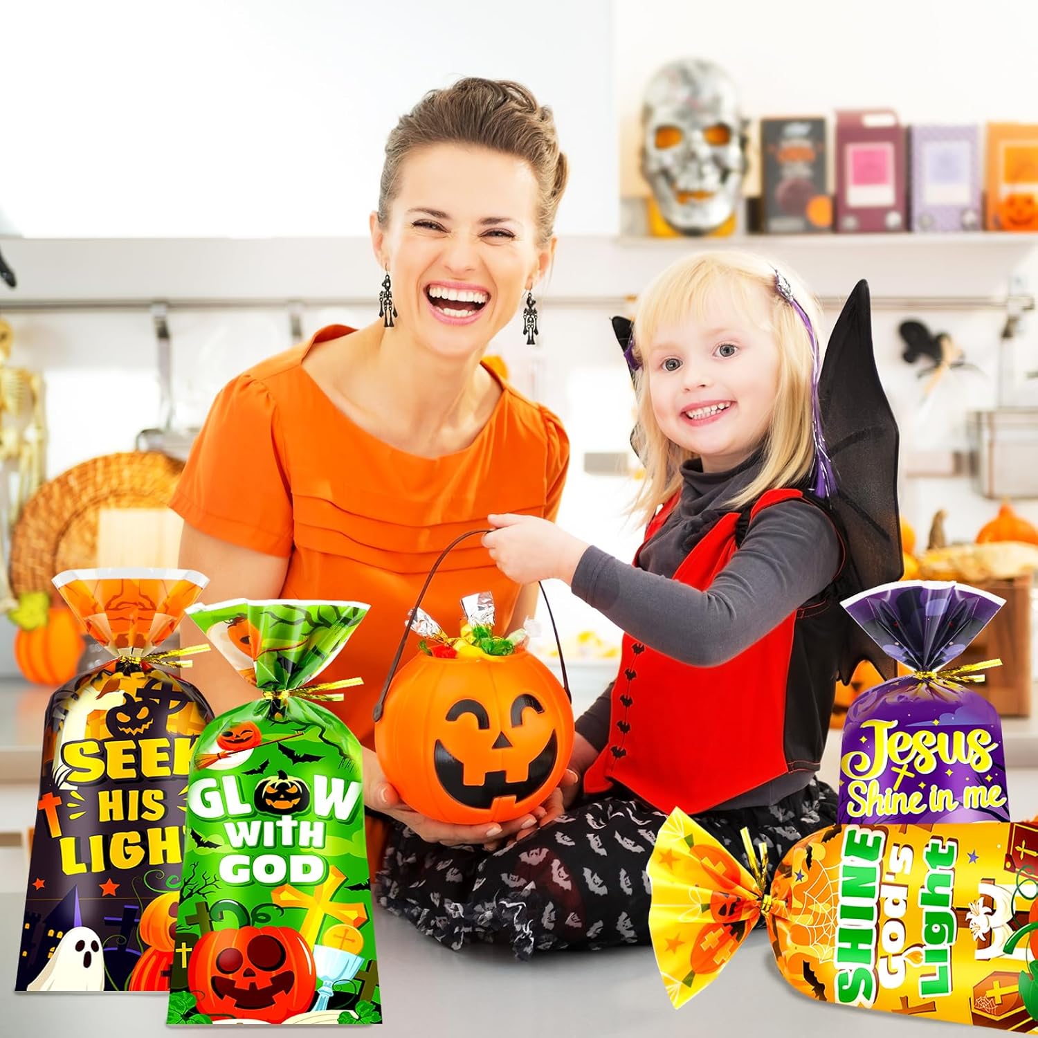 HOWAF 100pcs Christian Halloween Pumpkin Cellophane Bags, Halloween Goodie Bags with Twist Ties for Religious Halloweens Party Supplies, Christian trick or treat Bag for Church Gift Wrapping - Image 6