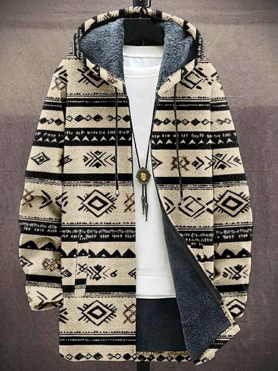 2025 Men's Ethnic Pattern Hooded Jacket Long Cardigan Hoodies Full Zip Vintage Knitted Zipper Coat with Pocket - Image 2