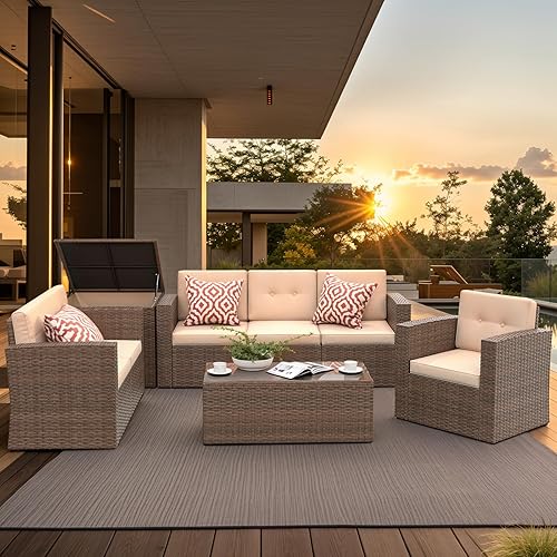Miniatura 9 de Super Patio - Muebles de jardín 8 piezas de muebles para exteriores - Juego de muebles modulares de mimbre con mesa de almacenamiento cojines beige