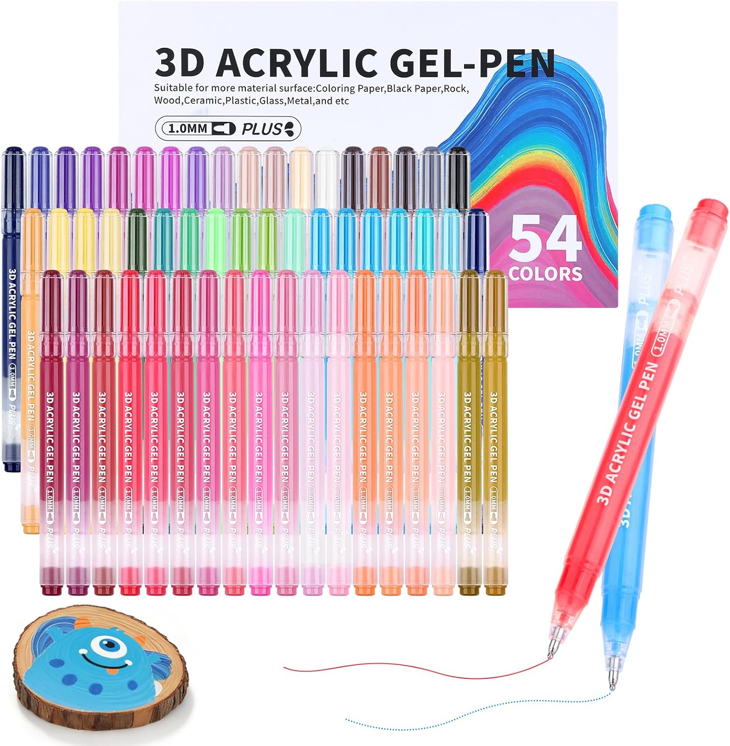 KEMYR 3D Acrylic Gel Pens,54 Colors Plus Inks Acrylic Paint Markers With 1.0 mm Bullet Tip Point, Acrylic Paint Pens for Black Paper,Rock Painting, Glass, Wood, Fabric,Cards,Scrapbook,DIY Art Crafts