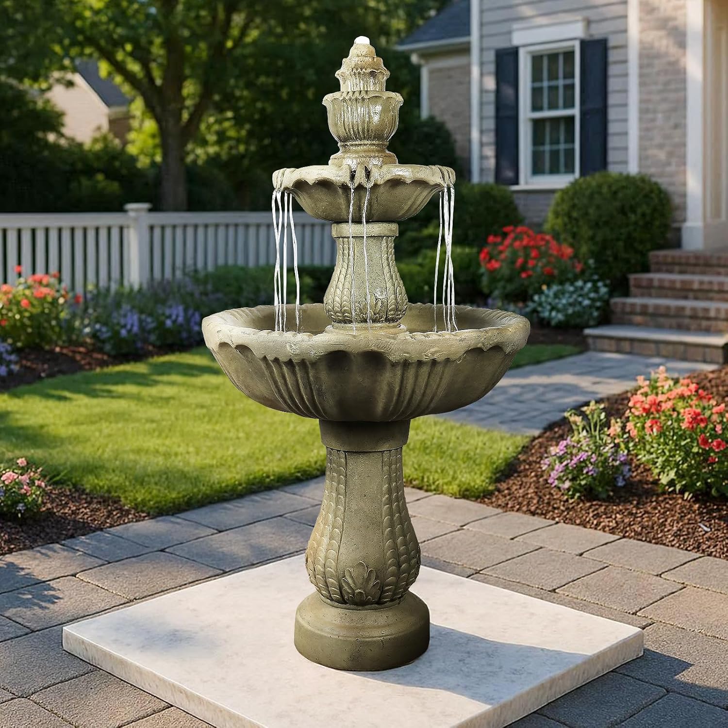 watnature 48" H 3-Tiered Classic Outdoor Water Fountain, Fiber Reinforced Concrete Floor Standing Garden Waterfall with Adjustable Flow Pump, Bird Bath Fountain for Backyard, Patio, Lawn, Porch