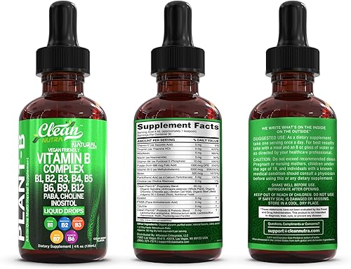 Miniatura 9 de Clean Nutra - Gotas líquidas de complejo de vitamina B Tiamina B1, B6, B2, B3, B4, B5, B7 B9, B12, niacinamida, Paba, colina, inositol, taurina