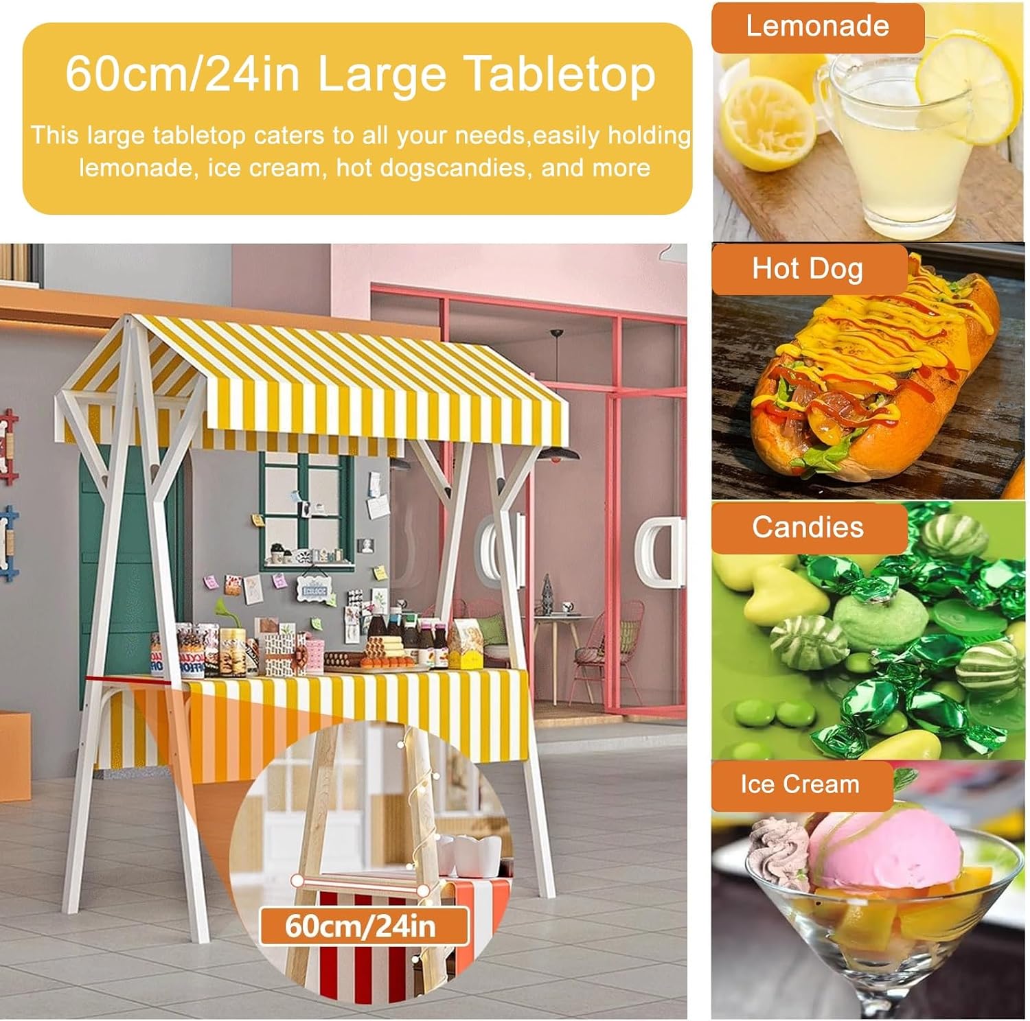 Lightweight Foldable Market Stall Cart, Outdoor Vending Trolley with Canopy, Iron Display Stand for Events, Portable Vendor Kiosk (Yellow, 150cm/59in)