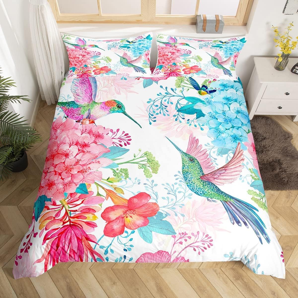 Homemissing Double Colibri Duvet Cover Tropical Birds Bedding Set Colibri Flowers Comforter Cover Set Children's Microfiber Flowering Iris Pollen Red — image 1