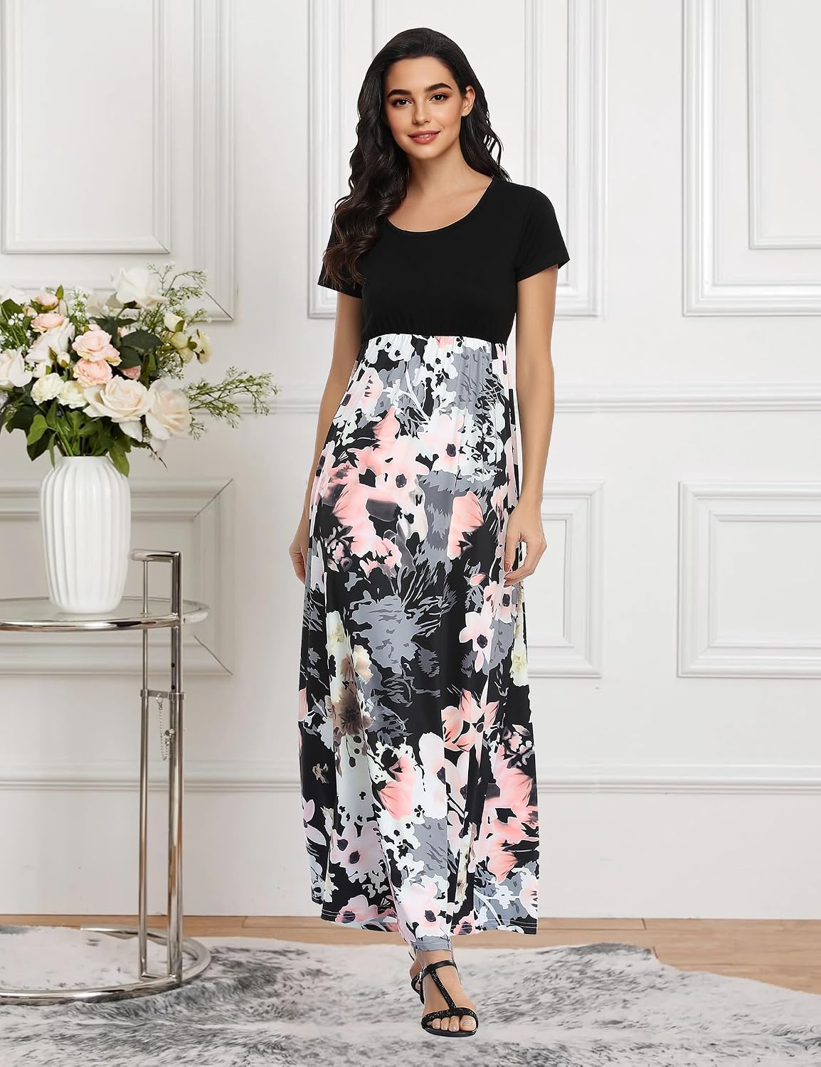 Lacavocor Womens Short Sleeve Maxi Dresses Empire Waist Long Dress