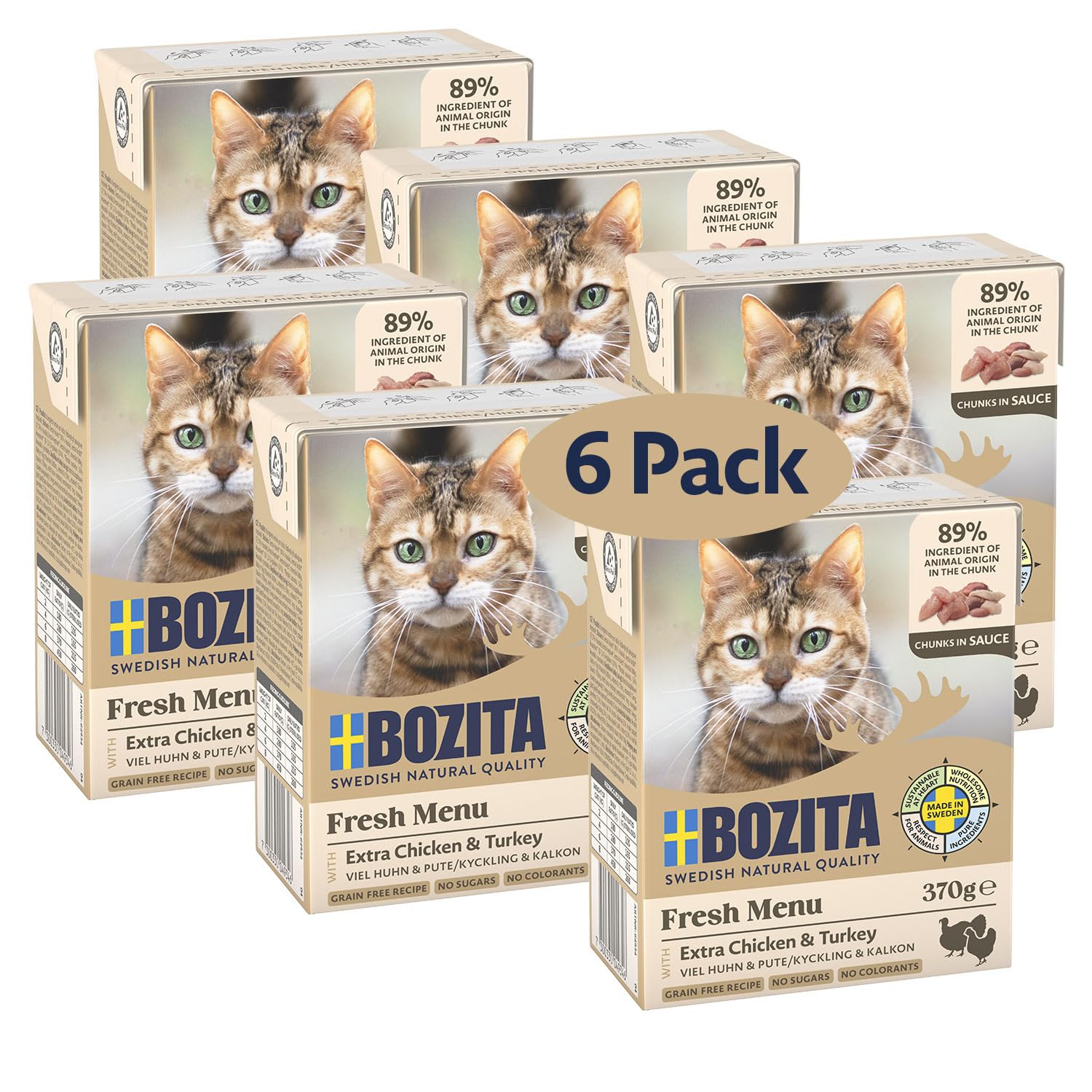 Bozita Tetra Häppchen in Sauce mit Hühnchen & Pute – 6x370g Getreide- & zuckerfreies Premium-Katzenfutter, ohne Gentechnik, mit 7,5% Protein und 5% Fettgehalt – leckeres Nassfutter für Feinschmecker