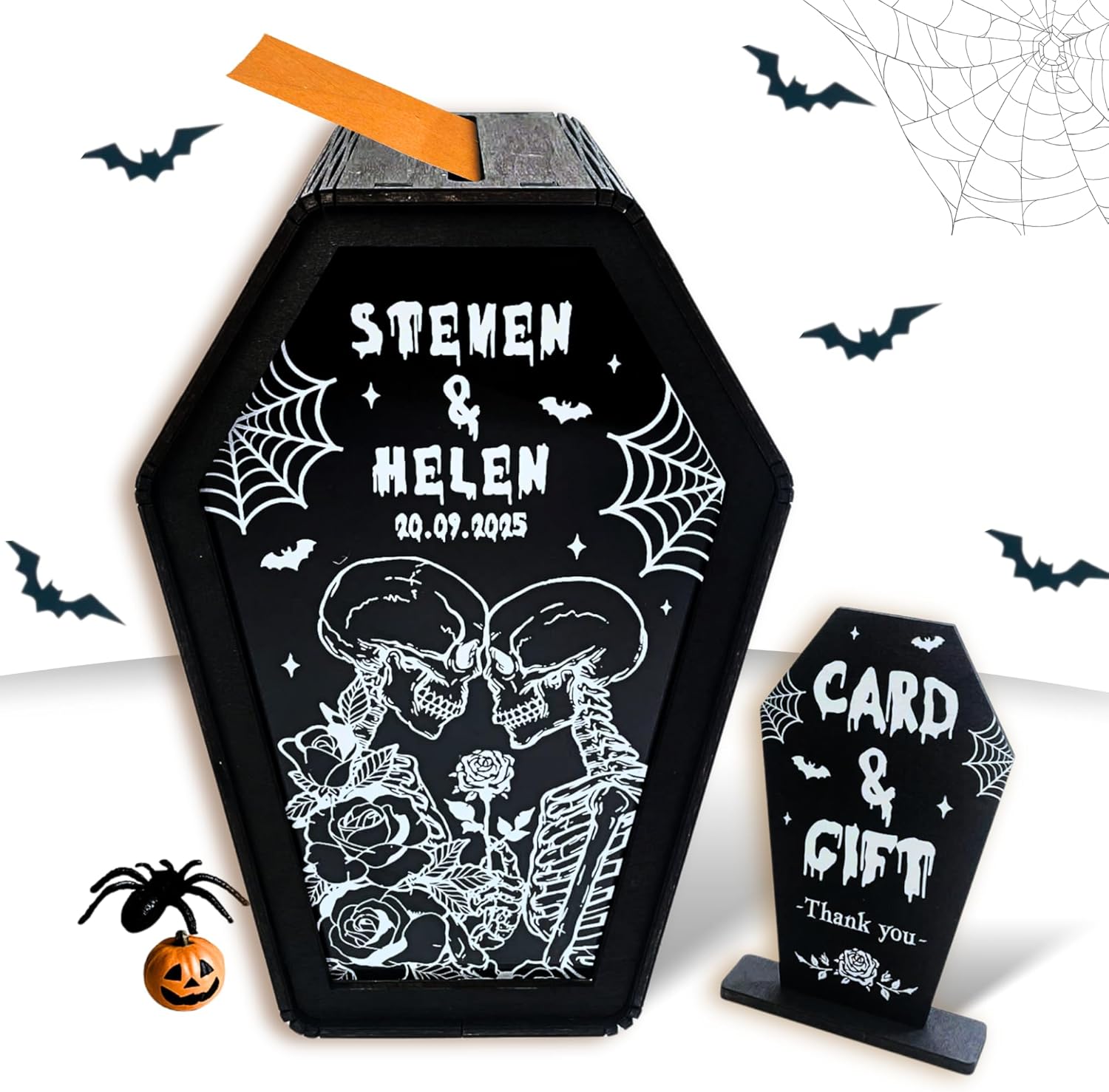 Custom Black Wooden Wedding Card Box for Cards & Money | Engraved Gothic Wedding Decorations | Perfect Alternative Gift Holder for Engagement, Bridal Shower & Halloween Parties