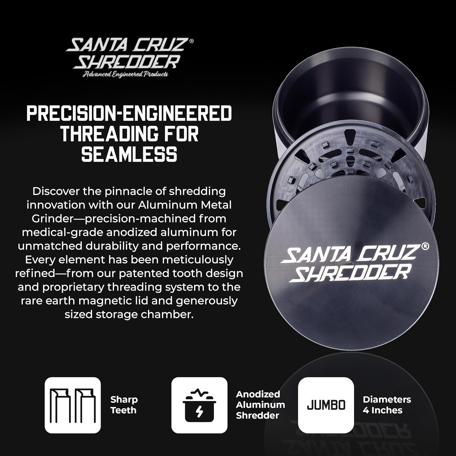 Santa Cruz Shredder Jumbo Metal Herb Grinder – Premium 4-Inch Aluminum Grinder for Fluffy and Even Grinding, Durable Knurled Top with Strong Magnetic Lid – Made in the USA (Black)