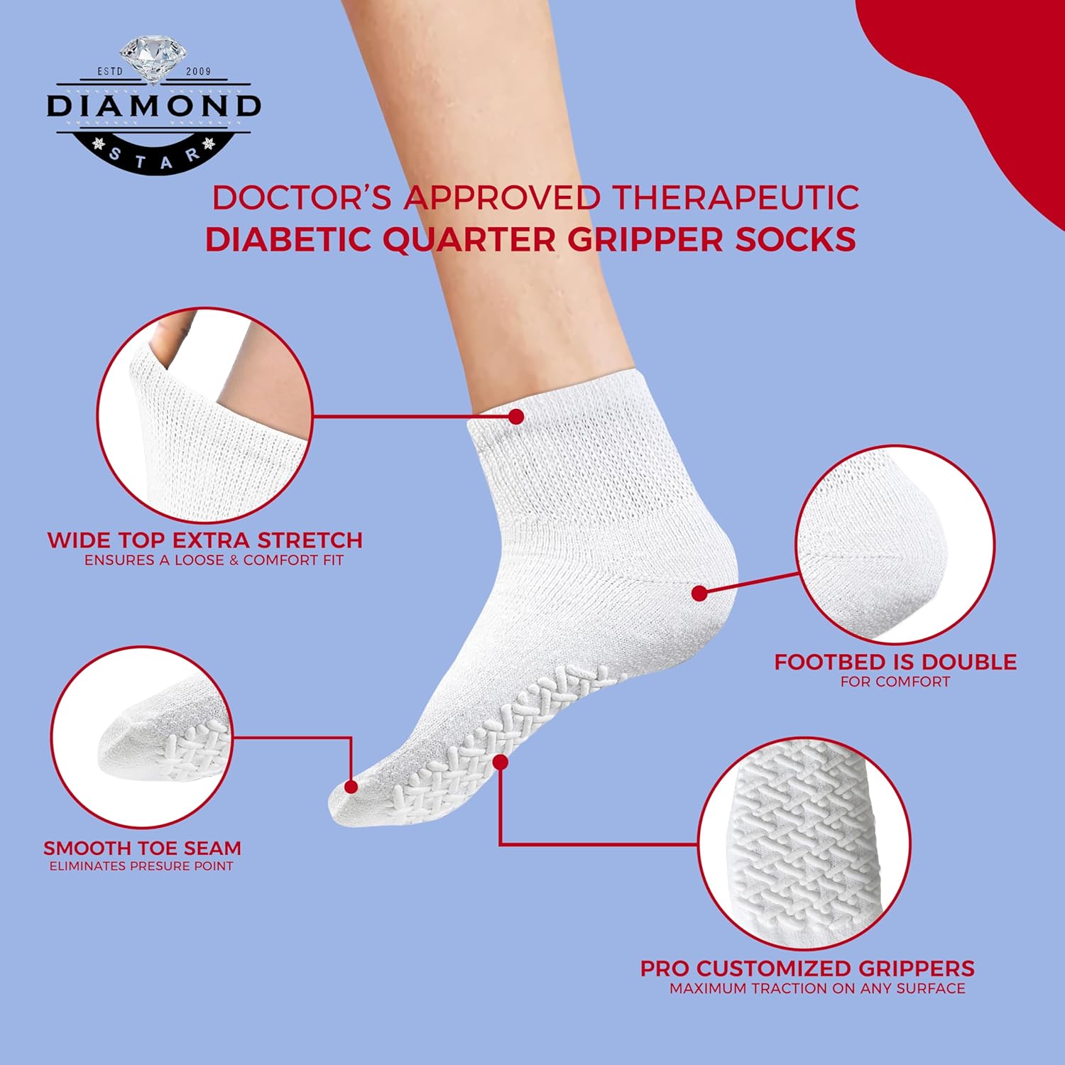 Diamond Star Diabetic Socks for Men & Women, Cushioned Cotton Quarter Socks, Non-Binding Loose Top, Therapeutic Gripper Socks