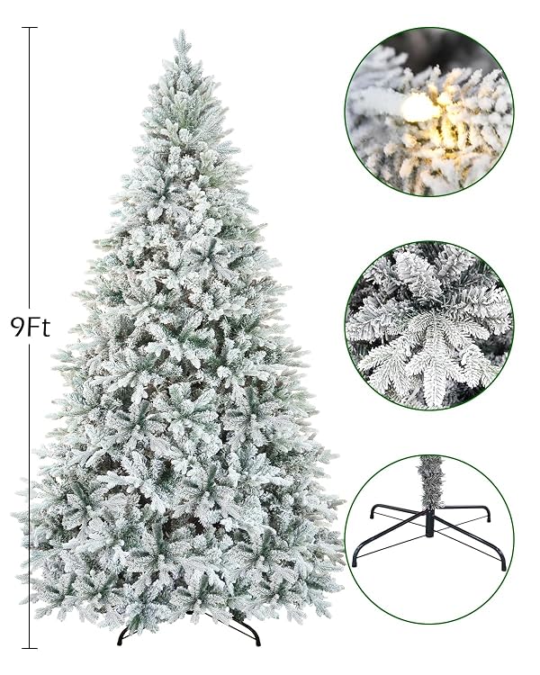 unlemoni 9.5ft Snow Flocked Artificial Christmas Tree Fake Hinged Pine Tree with 450 Warm White Lights, 1800 Branch Tips, Foldable Stand for Christmas Home Office Party Decoration by unlemoni - Image 2