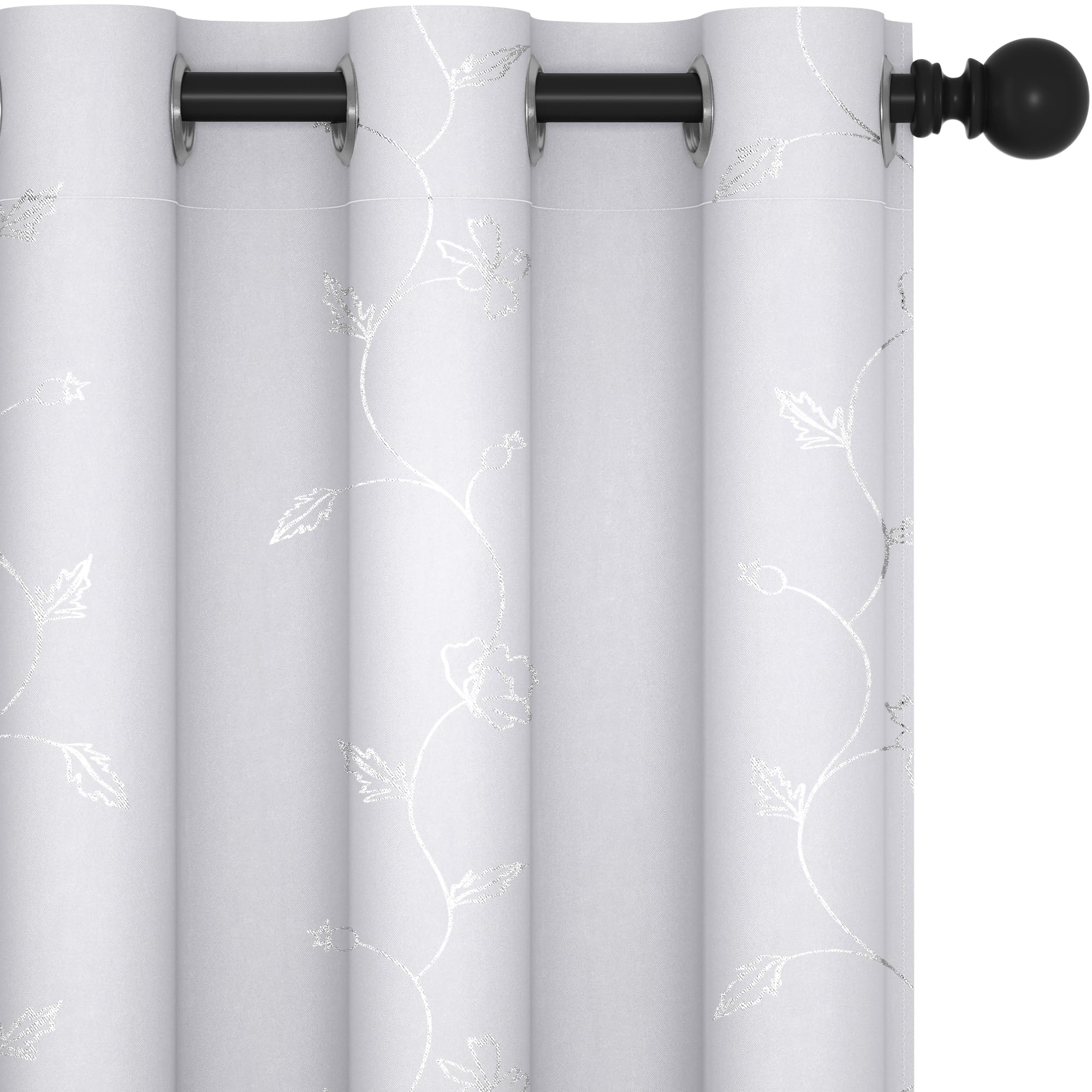 Deconovo Greyish White Blackout Curtains, Curtains 63 Inch Length 2 Panels, Silver Wave with Flower Leaf Foil Printed Curtain, Grommet Light Blocking Curtains for Bedroom, 42 x 63 Inch
