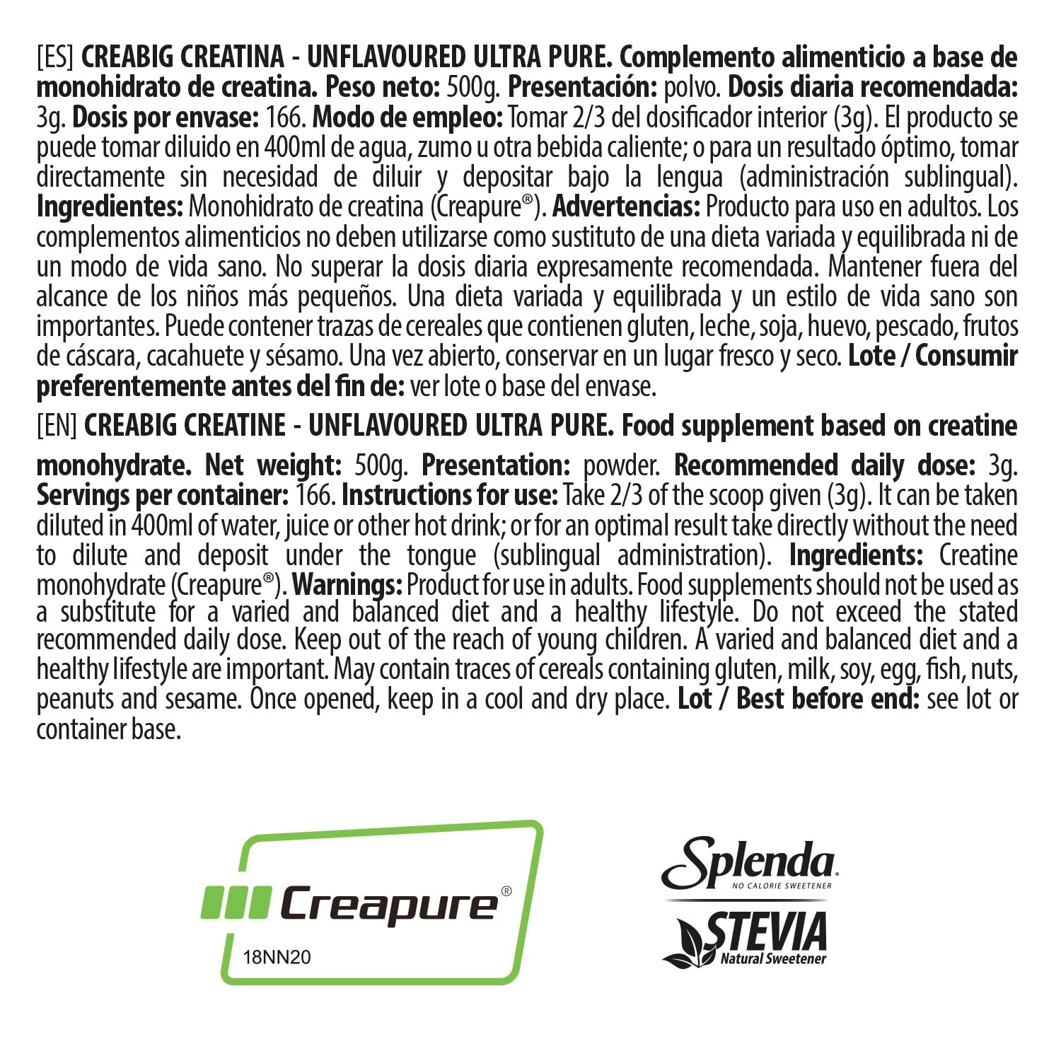 BIG - Creatina Creapure ® - Creatina Monohidratada Creapure, Rendimiento Físico y Recuperación - Materia Prima Premium - Monohidrato de Creatina de Rápida Absorción, Vegana (250g, Ultra Pure (neutro)