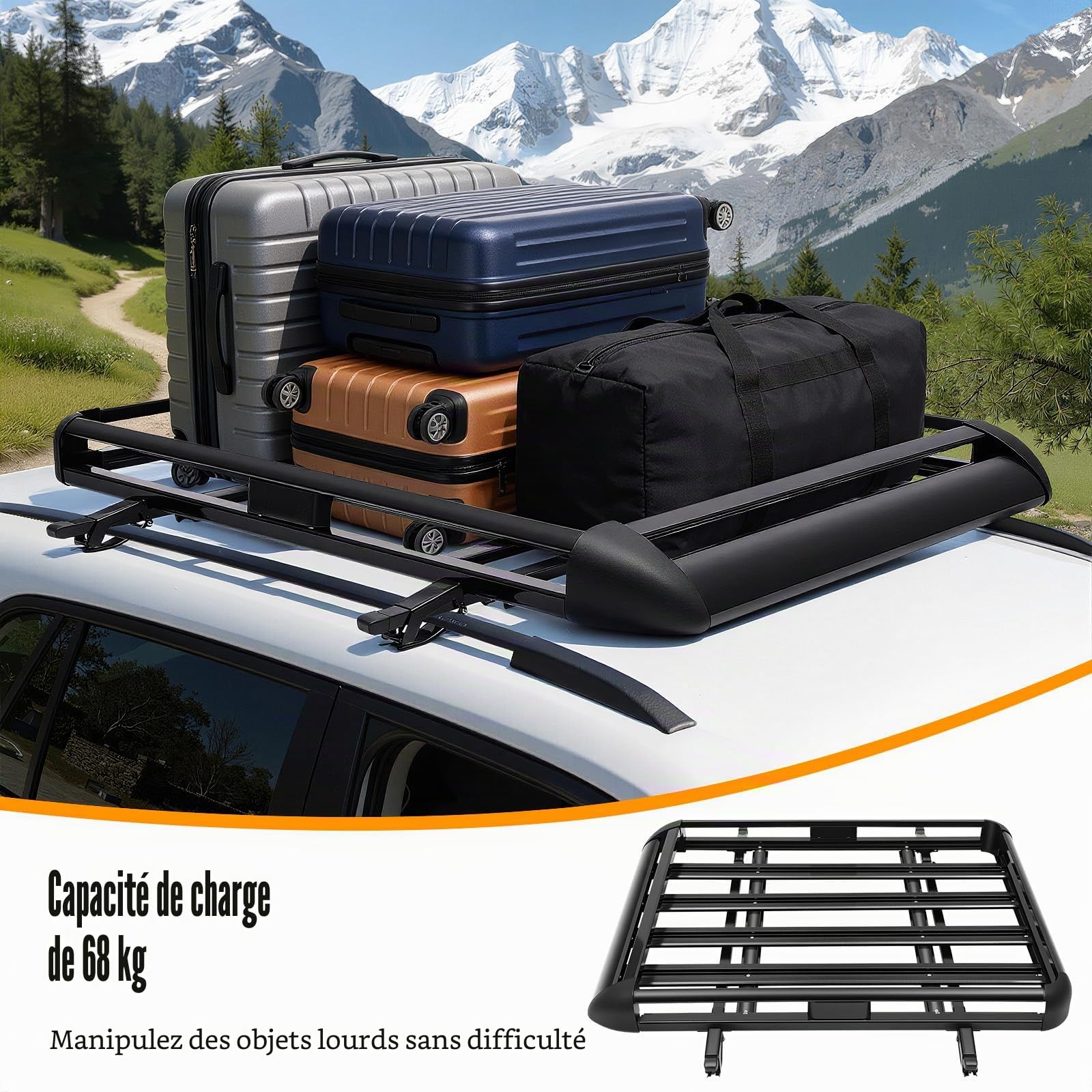 Barres de toit universelles en aluminium, porte-bagages de toit en aluminium, panier de toit pour voiture, porte-bagages de toit, porte-frets pour reling, capacité de 68 kg, pour camping et voyages
