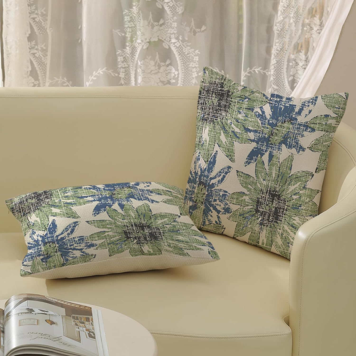 Blue Green Pillow Covers 18x18 Set of 2 Retro Sunflower Flowers Print Decorative Pillow Cases Modern Art Floral Throw Pillows Outdoor Decor Linen Farmhouse Cushion Cover for Couch Home Sofa - Image 4