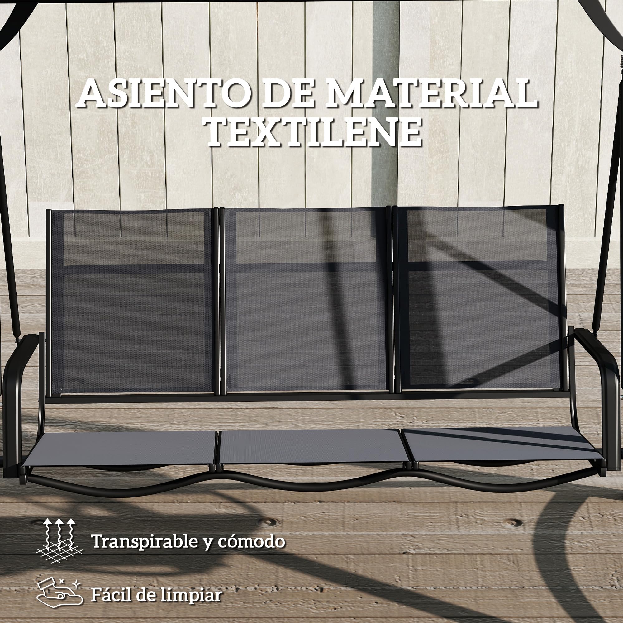 Outsunny Columpio de Jardín de 3 Plazas, Balancín de Jardín Exterior con Techo Ajustable, UPF50+, Asiento Transpirable y Marco de Metal, para Patio, Terraza, Carga 360 kg, 188x130x183 cm, Gris