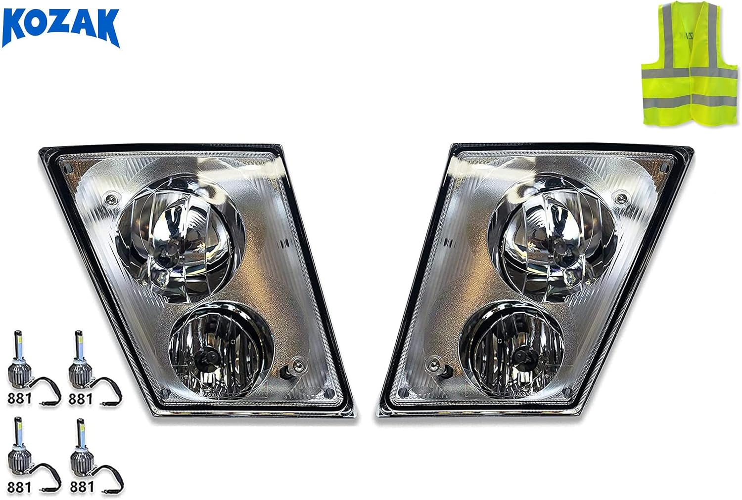 KOZAK Chrome Housing Semi Truck Bumper FOG LIGHT Pair SET Compatible with Volvo VNM VN VNL 2004-2017 Left Driver Side and Right Passenger Side PLUS Logo Emblem, 4x LED 881 Bulbs, Vest