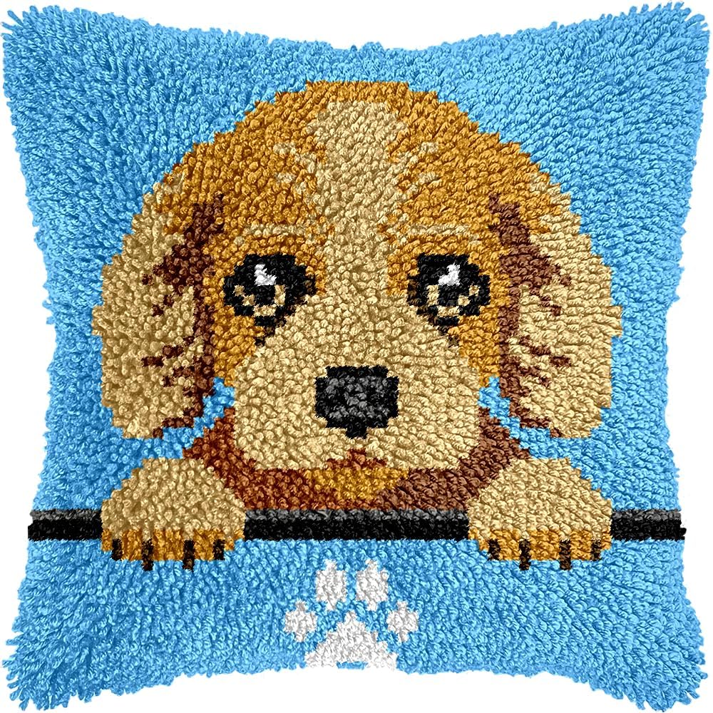 Golden Retriever Puppy Latch Hook Kits for Adults Kids, Beginners DIY Throw Pillow Kit Pre-Printed Pillowcase Hook and Latch Rug Kits Cross-stitch Cushion Cover for Home Sofa Decoration 17x17 in.