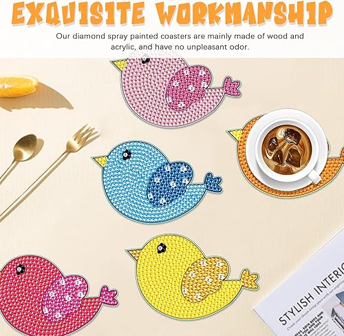 Miniatura 4 de Tontut 8 posavasos de madera de pintura de diamante con soporte, posavasos de pájaro pequeño, kits de arte de diamantes para principiantes, adultos