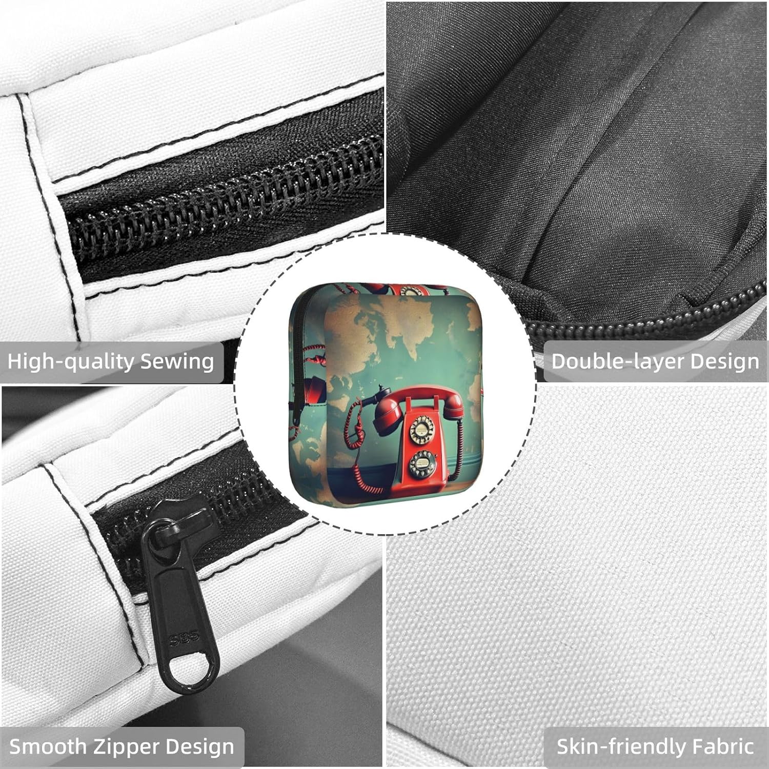 England Uk Retro London Telephone Print Women Period Bag Sanitary Pouch Portable Pad Pouch Tampon Holder Small Zipper Pouch Storage Bag