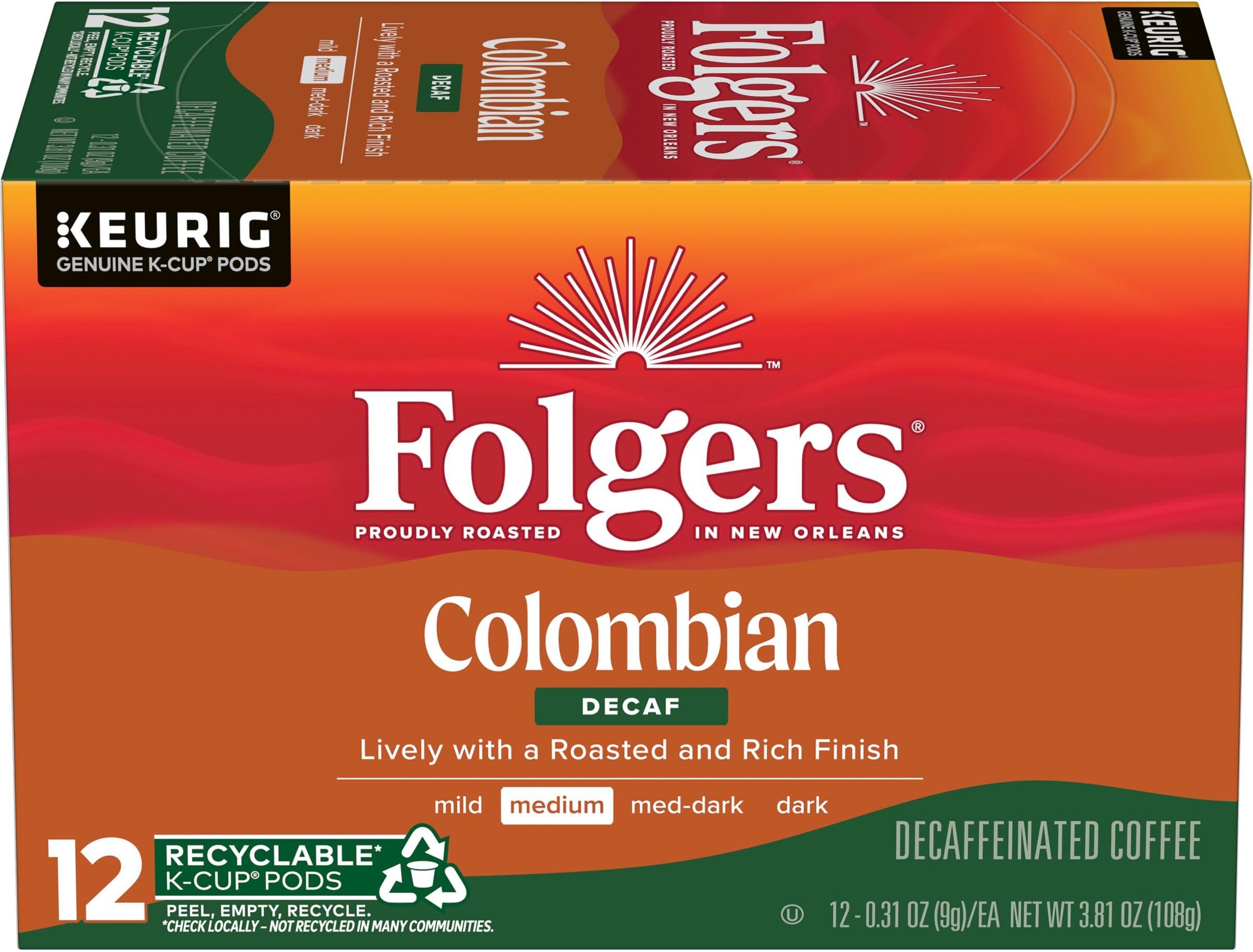 Colombian Decaf Medium Roast Coffee, 12 Keurig K-Cup Pods