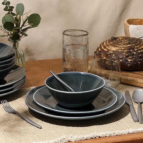 Vista 36 de Bloomhouse Palermo Sun - Juego de 2 recipientes para servir y platos ovalados de cerámica, esmalte reactivo, color azul agave