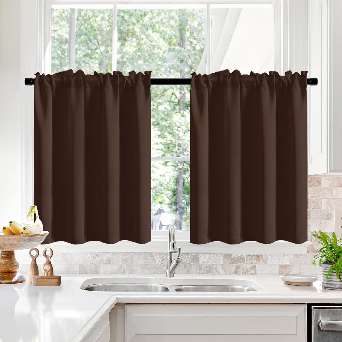 Deconovo Cortinas opacas para café de 36 pulgadas de largo para cocina, sala de estar | Cortinas de café para ventanas de cocina, cortina corta opaca, oscurecimiento de habitación, bolsillo para barra, marrón, 30.0 in de ancho x 36.1 in de largo, paquete de 2