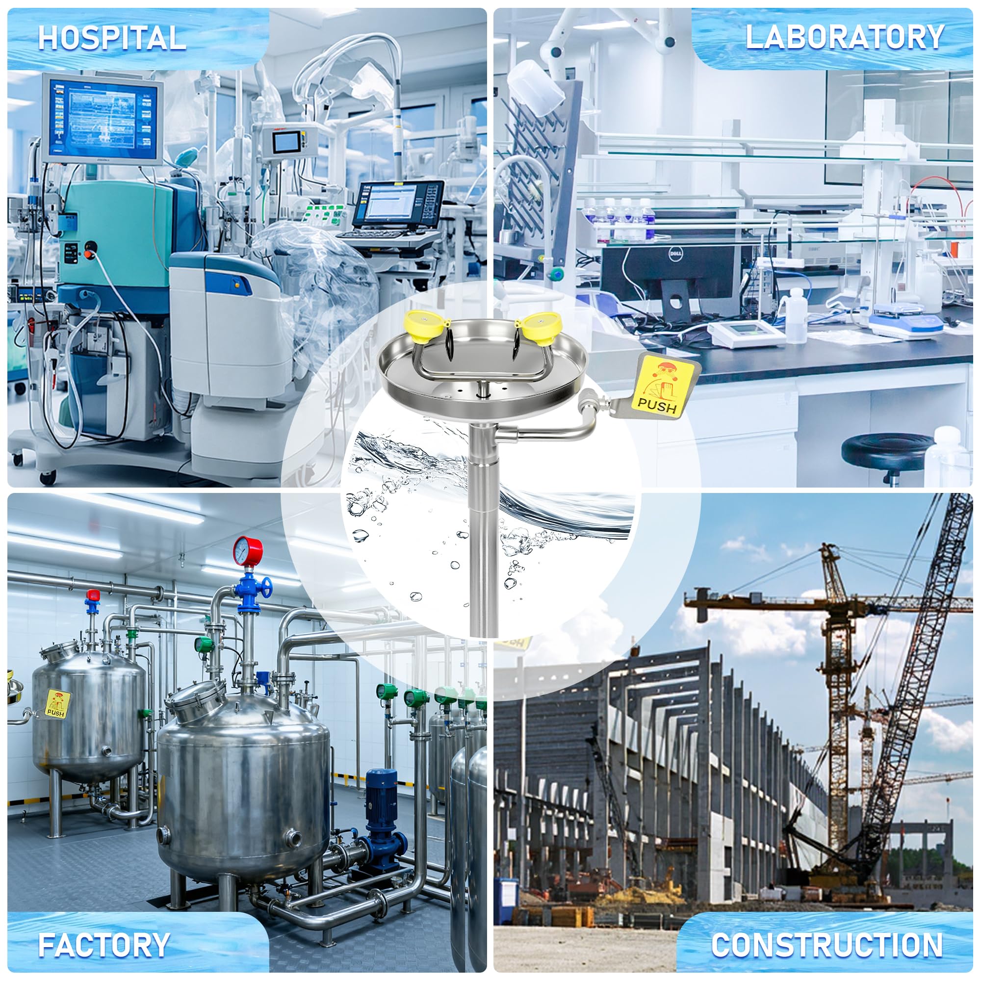 Stand-up-Notfall-Augenwaschstation, 304 Edelstahl, bodenmontierte Augenspülstation, verstellbarer Wasserfluss, Augenwascheinheiten mit doppeltem Sprühkopf und Augenwaschschild für Fabrik, Labor