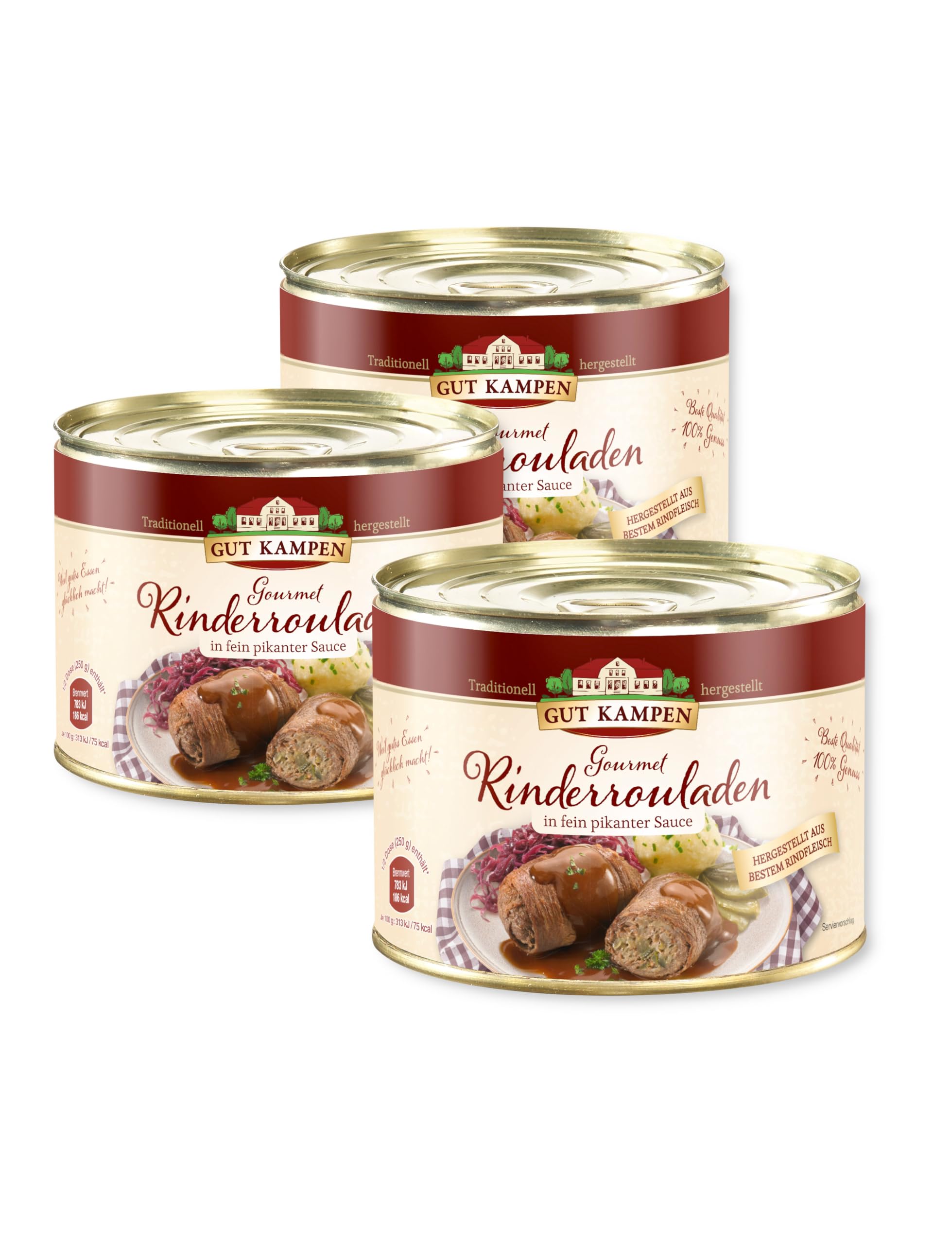 Gut Kampen Gourmet Rinderrouladen mit Speck-Gurken-Füllung in pikanter Sauce, 3 x 500 g Ringpulldose