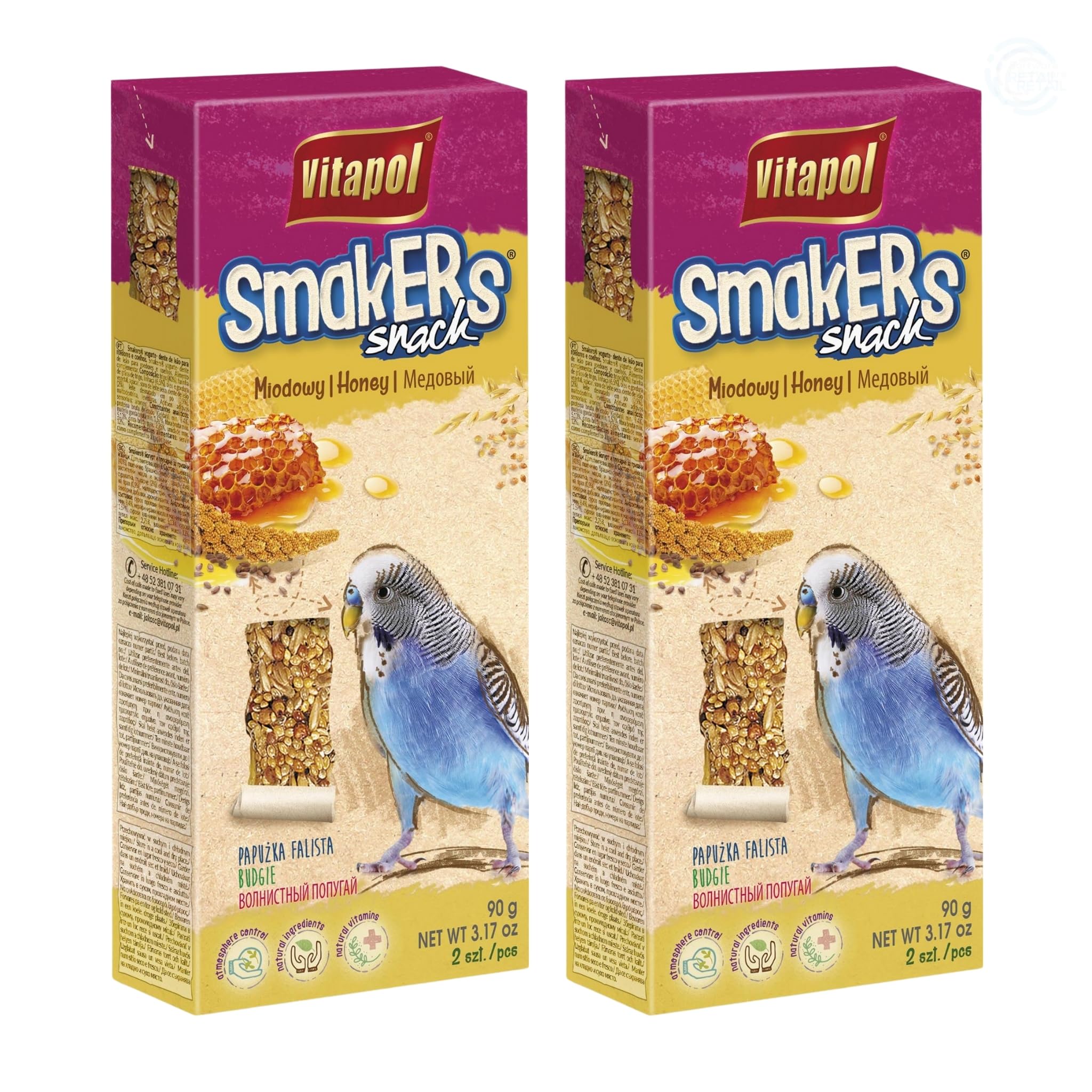 Vitapol Smakers® Parrot Treat Sticks – Variety of Snacks for Budgies, Cockatiels & Large Parrots | Natural Fruit, Egg, Honey, Seed | Vitamin-Rich Snacks, Health & Plumage Support (Honey, 180g)
