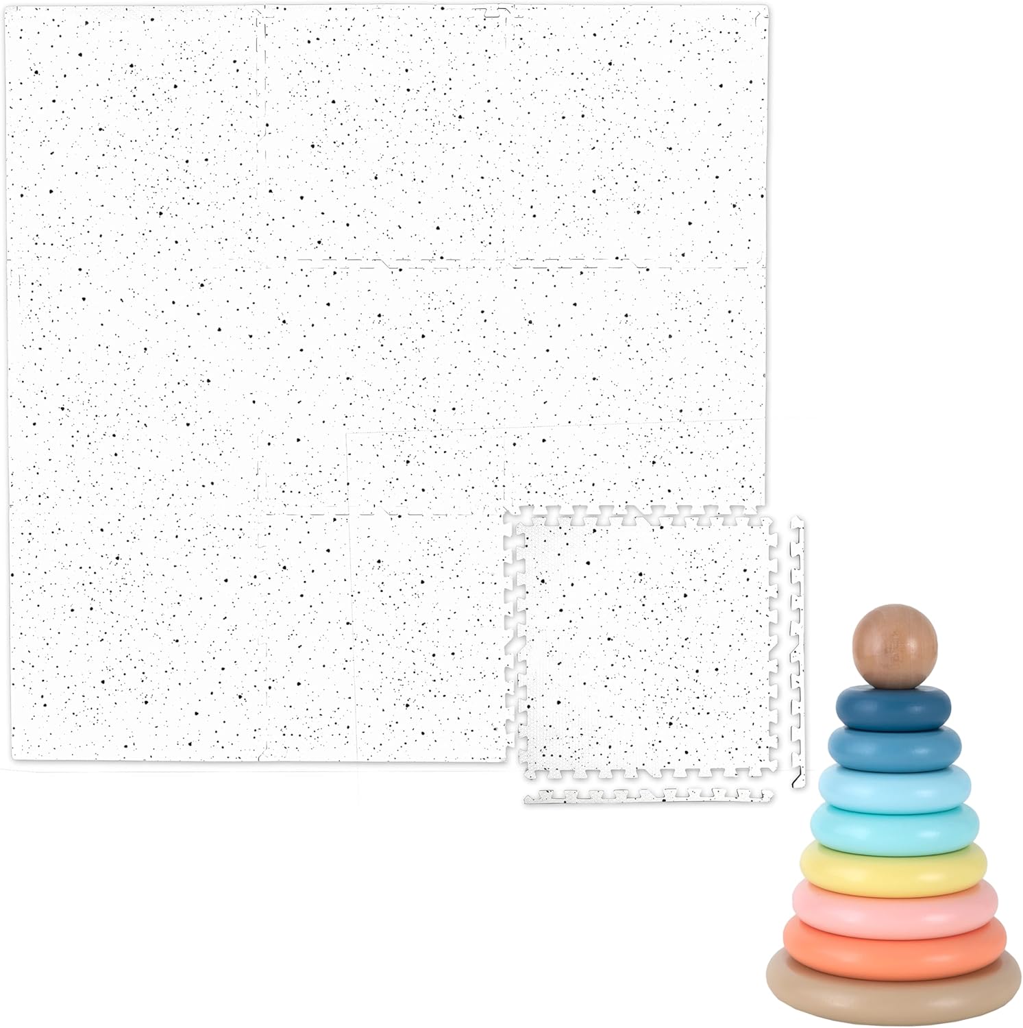 Play Platoon Non-Toxic Kids Play Mats for Floor, Extra-Thick Foam Tiles, Playmat for Toddlers & Childrens Playroom, Wooden Rainbow Stacking Toy Ring Stacker Toy, Educational Interactive Learning Toys