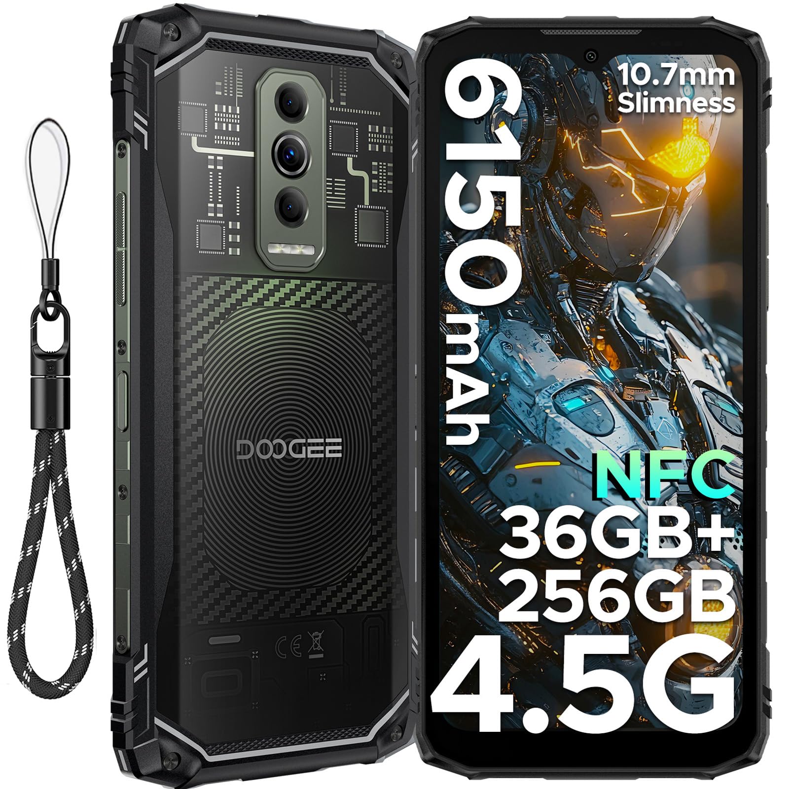 DOOGEE Blade 10 Ultra Energy Rugged Smartphone, 10.7mm, Android 15, 36GB+256GB, 6.56" FHD+ 90Hz IPS, 6150 mAh OTG, 64MP+8MP, Widevine L1/Triple Card Slot/Fingerprint ID/Octa Core/NFC- Nero