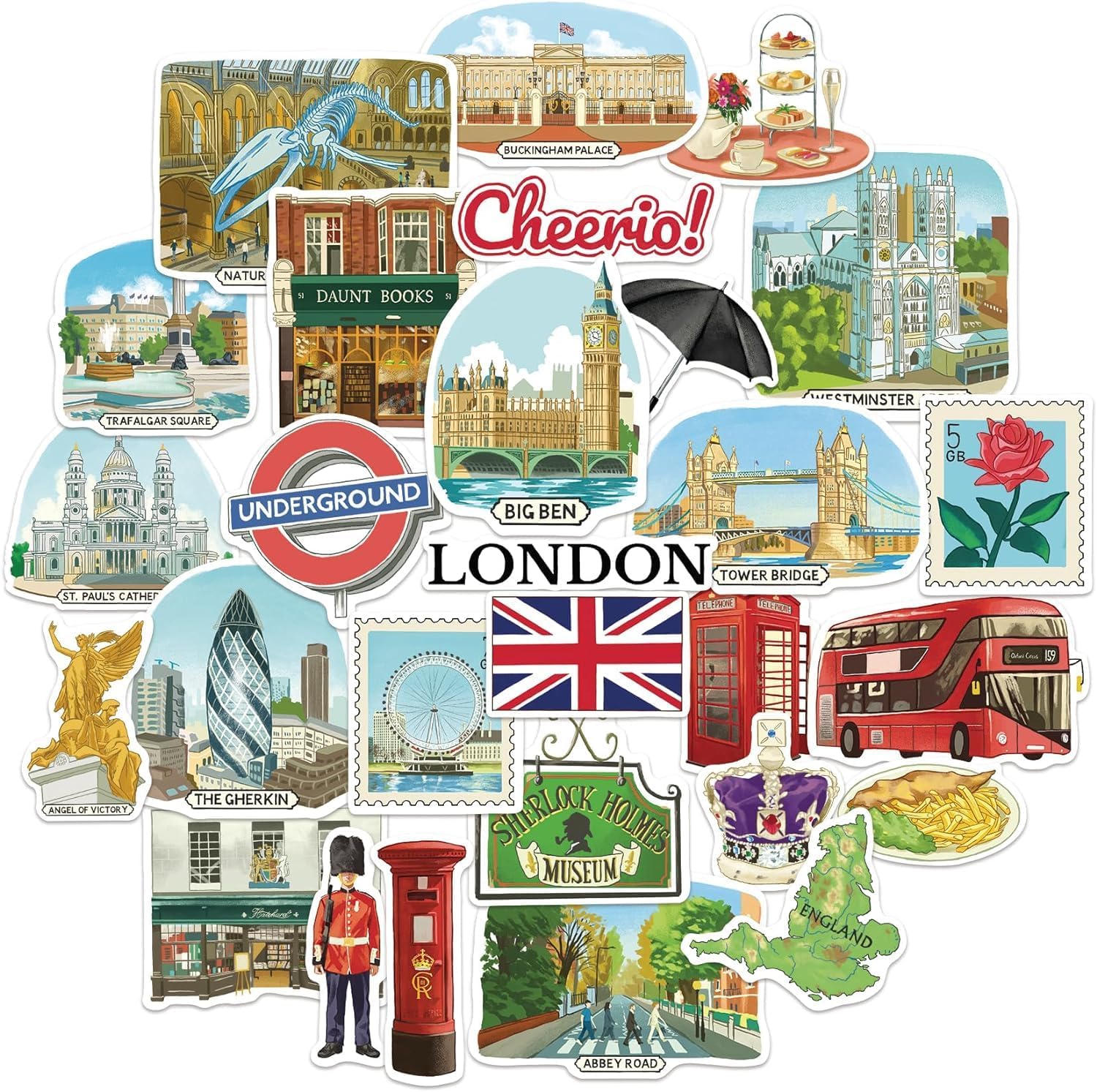 Navy Peony Bustling London Travel Stickers (28pcs) - Gouache Style, English-Themed Vacation Decals for Journals, Scrapbooks, Luggage, Water Bottle