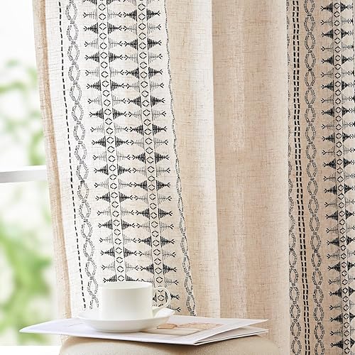 jinchan Cortinas bohemias bordadas para ventana de dormitorio, cortinas de lino con ojales geométricos, juego de tratamiento de ventana bohemio para