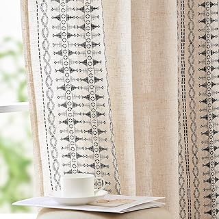 jinchan Boho Curtains Embroidered Linen Blend Window Curtains for Bedroom Geometry Grommet Bohemian Window Drapes for Living Room 63 Inches Long 2 Panels Black on Beige