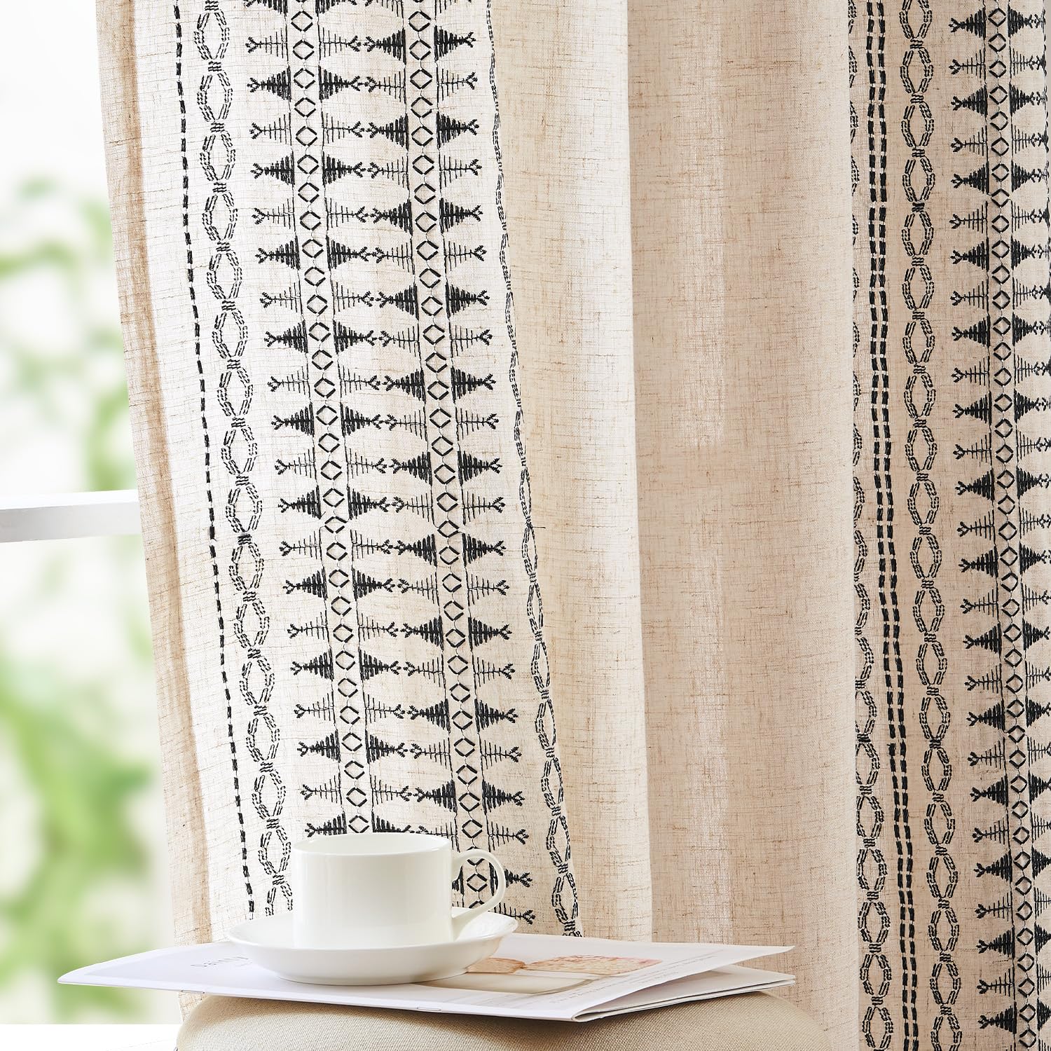 jinchan Boho Curtains for Bedroom Beige Linen Blend Curtains Farmhouse Embroidered Bordered Living Room Drapes 90 Inch Length Bohemian Light Filtering