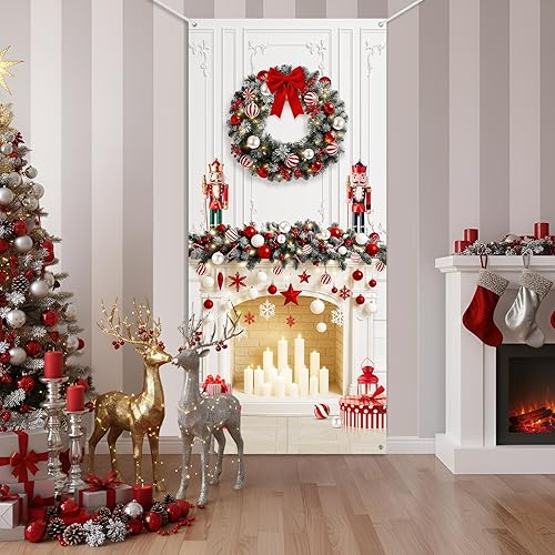 Miniatura 4 de Buryeah Decoración de puerta de Navidad, cubierta de puerta de chimenea de Navidad, pancarta de cascanueces de Navidad, telón de fondo, soporte de