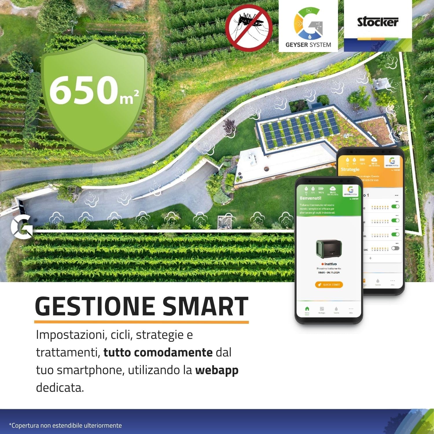 STOCKER - Kit Nebulizzatore Geyser PRO Lite - Sistema Anti-Zanzare Automatico WiFi, Copertura fino a 650 mq, 125 m di Tubo, Tanica 7 L, Alimentazione Rete o Batteria, Kit Completo di Installazione