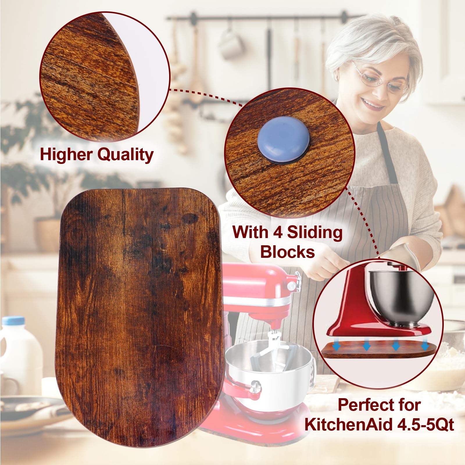 Drewniana mata przesuwna do miksera stojącego KitchenAid 4,5/5Qt z 4 silikonowymi narzędziami kuchennymi