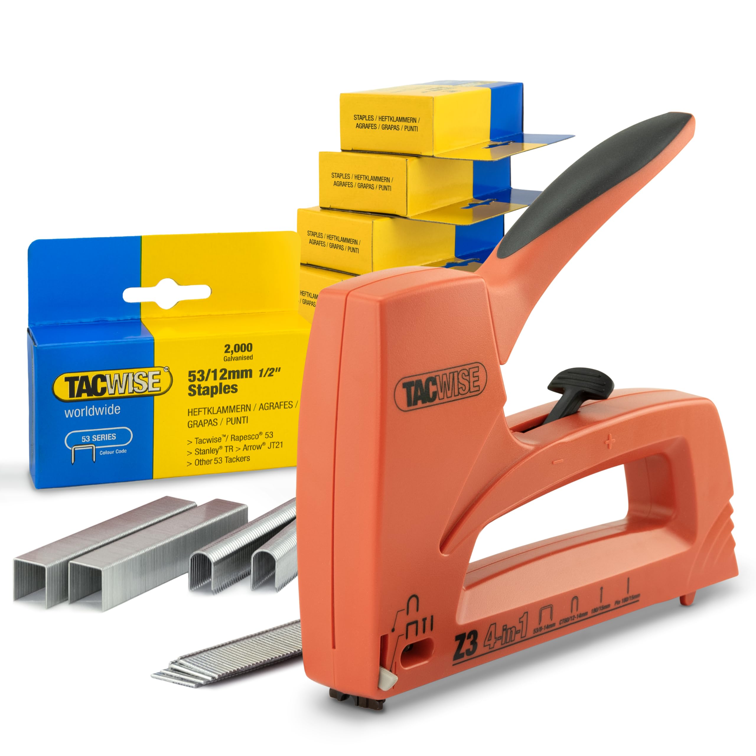 Tacwise 1788 Z3 4 EN 1 Agrafeuse/Cloueuse Professionnelle en Métal avec 10,000 Agrafes de Type 53/12mm, Utilises les Agrafes de Type 53 et CT-60 et les Clous 18G