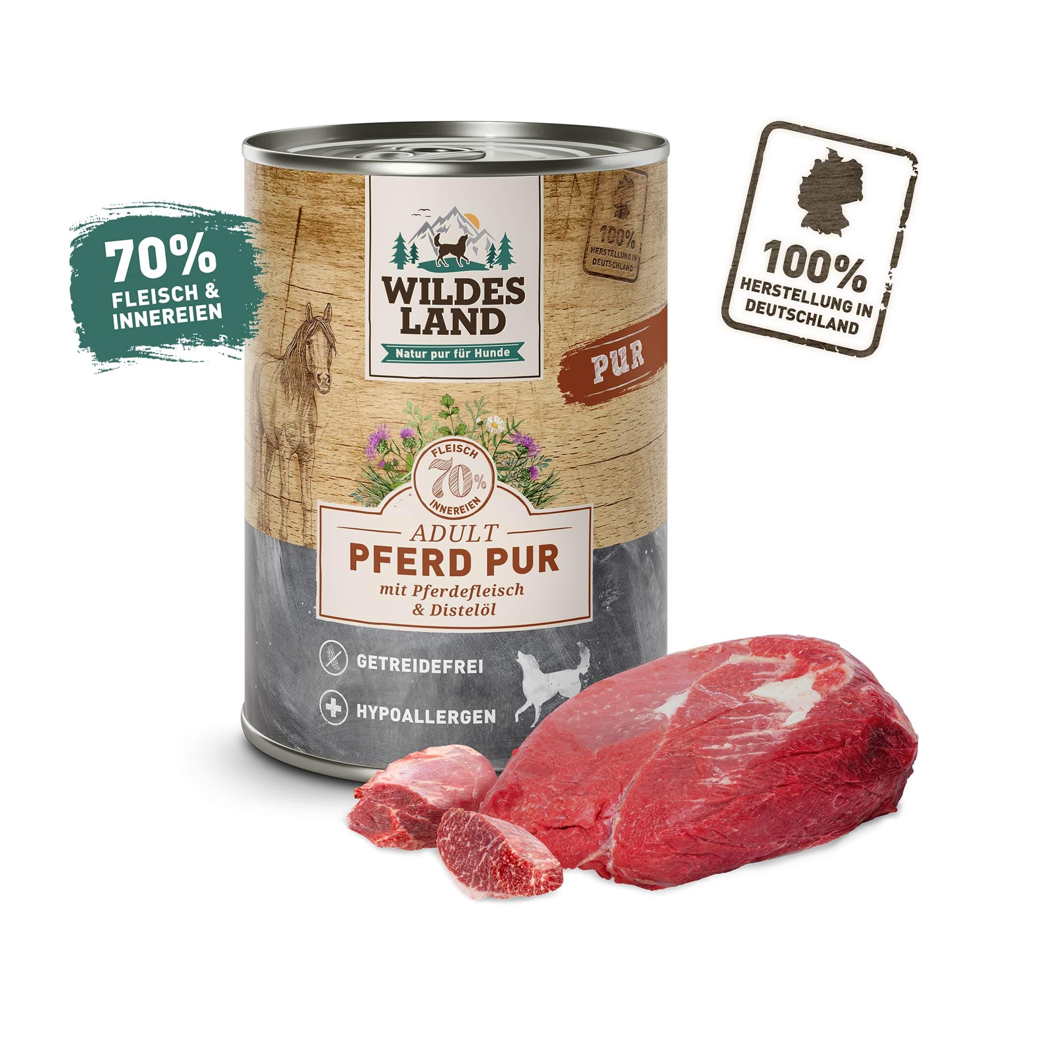 Wildes Land - Nassfutter für Hunde - Pferd PUR - 6 x 800 g - mit Distelöl - Getreidefrei & Hypoallergen - Extra hoher Fleischanteil von 70% - Beste Akzeptanz und Verträglichkeit