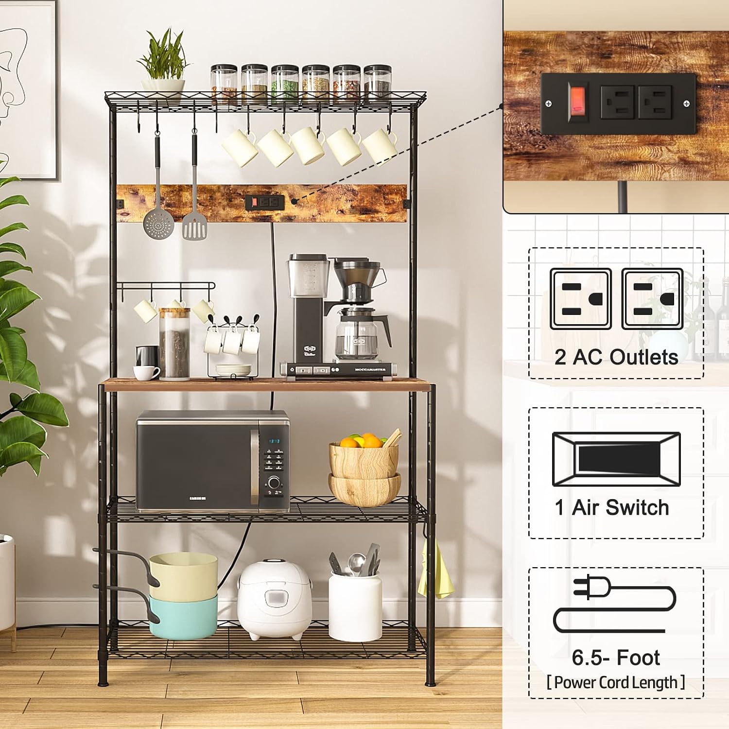 SUPERJARE Bakers Rack with Power Outlets - Height Adjustable Microwave Stand, 4-tier Kitchen Storage Rack with 10 S-shaped Hooks, 360° Hanging Strip, Coffee Bar Station - Rustic Brown