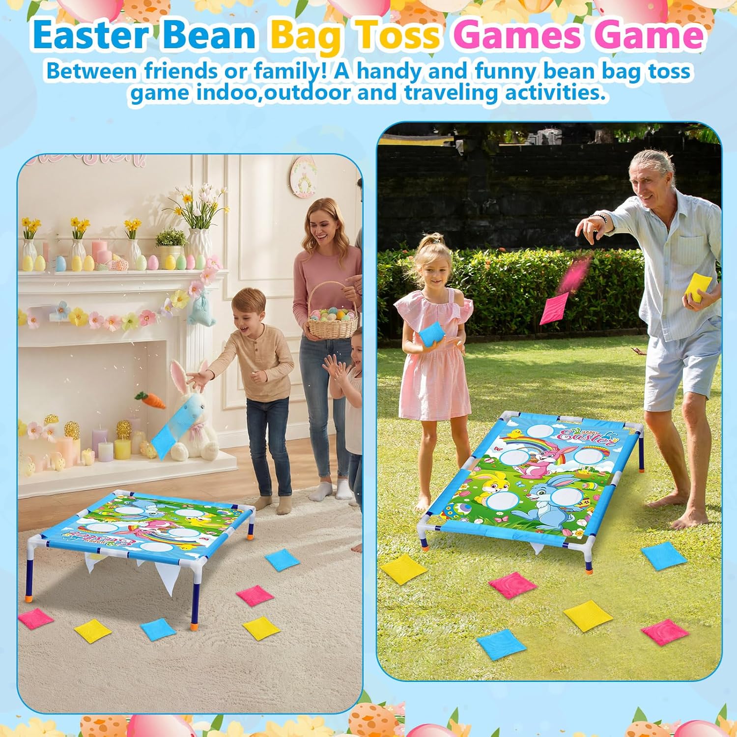 Easter Bean Bag Toss Games with 6 Bean Bags Bunny Portable PVC Framed Cornhole Game Set for Easter Family Holiday Birthday Outdoor Game Party
