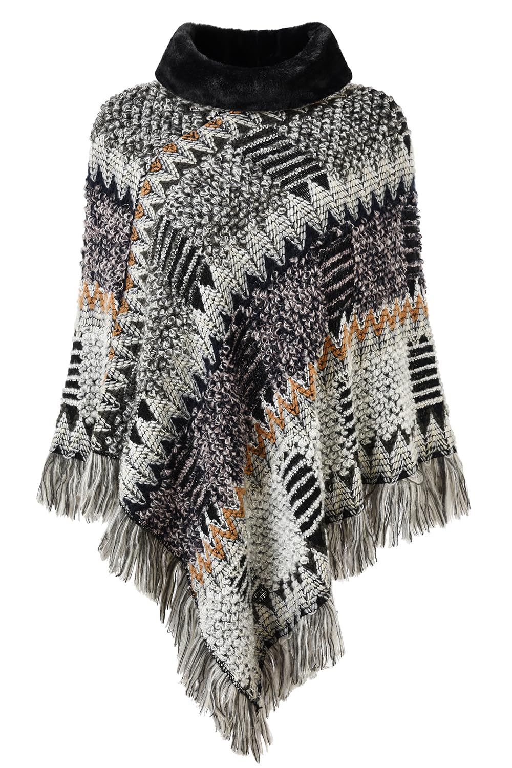 Ferand Womens Cozy Boho Turtleneck Poncho Sweater with Fringe Stylish Chevron Design for Winter