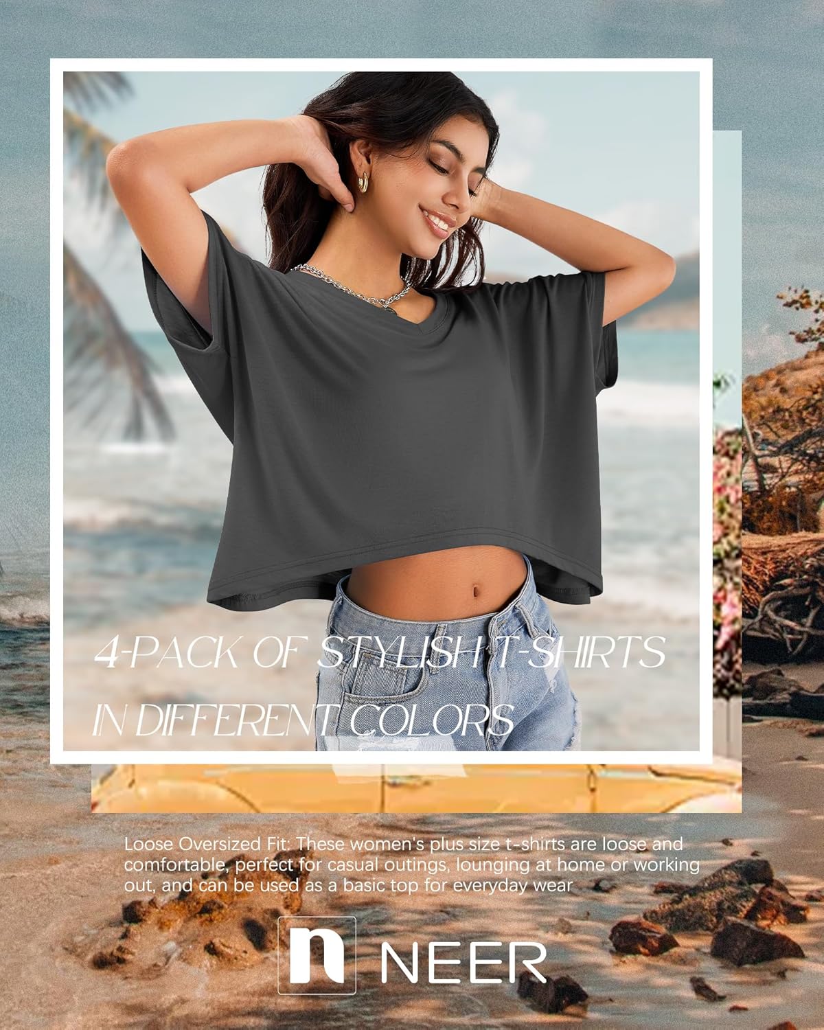 Neer 4 Pack Women's Oversized Crop T Shirts Summer V Neck Short Sleeve Tops Irregular Hem Baggy Top - Image 4