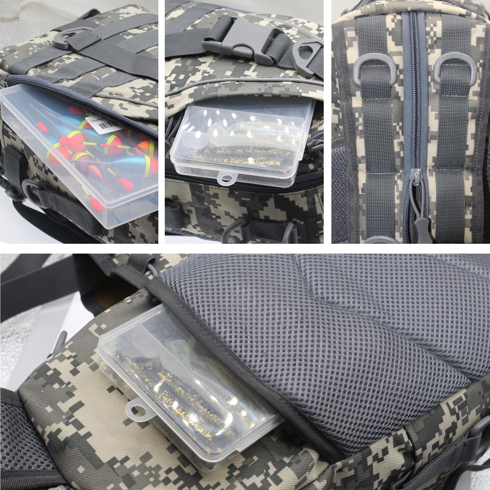 Mochila de pesca, bolsa de pesca ligera con mucho espacio de almacenamiento, mochila de caja de aparejos con soporte para caña para pesca con mosca y regalos para hombres y mujeres, color gris