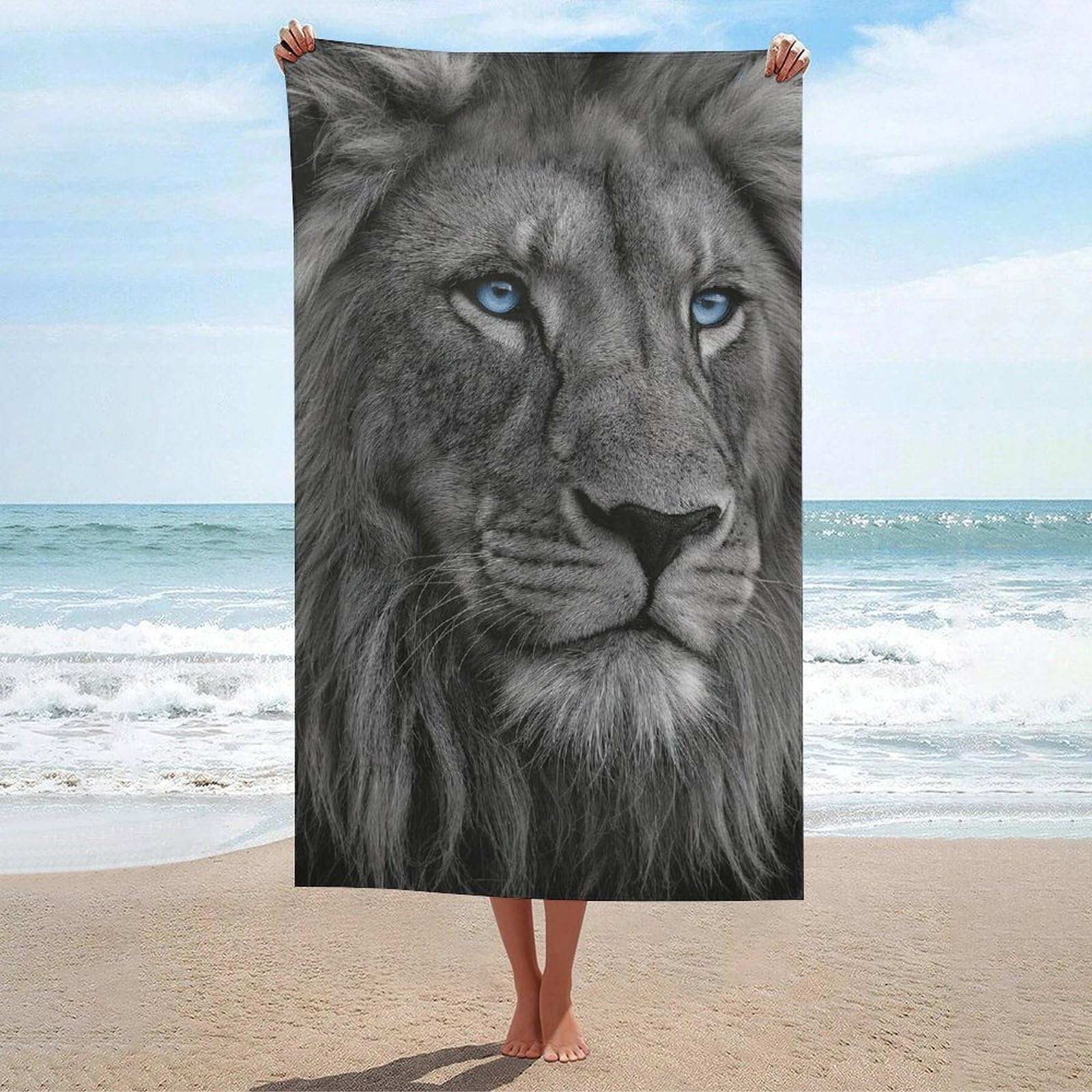 asbwuo Lion with Blue Eyes Black and White Beach Towel